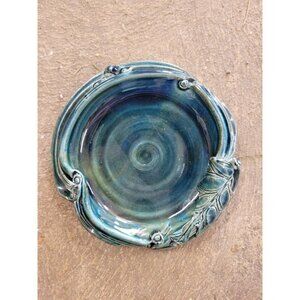 Art Pottery Trinket Dish Ashtray Midnight Blue Green Leaf Patterns 5 Inch Vtg